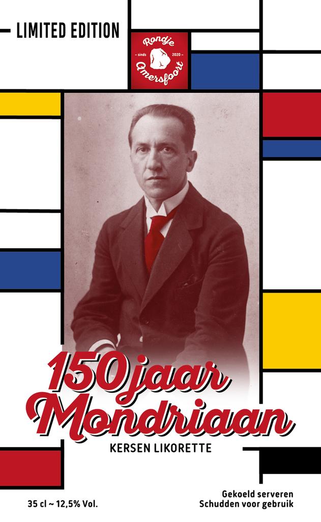 De 150 jaar Limited Edition Kersen Likorette is een eenmalige uitgave die enkel in 2022 toegevoegd wordt aan de bestaande serie van 4 smaken Rondje Amersfoort.

Op 7 maart 2022 is het 150 jaar geleden dat Piet Mondriaan werd geboren 
in Amersfoort aan de Kortegracht. In zijn geboortewoning is nu het museum Mondriaanhuis gevestigd en hier zal ter ere van 150 jaar Mondriaan vanaf 7 maart 2022 het ‘Feest van der Verbeelding’ starten.

De Nederlandse kunstenaar is bij het grote publiek vooral bekend om zijn abstracte en non-figuratieve kunst en als grondlegger van kunstbeweging De Stijl. Zijn latere werk met de kenmerkende horizontale en verticale zwarte lijnen en kleurvlakken met primaire kleuren, is wereldberoemd. Hij ontwikkelde zich vanuit het impressionisme, via het symbolisme en het kubisme, naar een persoonlijke vorm van abstracte schilderkunst. 
Scan de QR-Code en ontdek meer over Piet Mondriaan.
Om dit jubileum te vieren heeft Rondje Amersfoort een kersen likorette ontwikkeld die de karakteristieke rode kleur van Mondriaan symboliseert. Het etiket is i.s.m. met de studenten van het ROC Amersfoort Media, ICT & Design College tot stand gekomen waarvan het winnende etiket ontworpen is door Vera Noordhof.
'Rondje Amersfoort' bestaat uit 6 verschillende smaken. Iedere smaak heeft een Amersfoorts karakter gekoppeld aan bijvoorbeeld een gebouw, plek, gebeurtenis, geschiedenis etc. Zo proeft u de smaken & geschiedenis van Amersfoort.

De likorette van Rondje Amersfoort is een laag alcoholhoudende likeur.