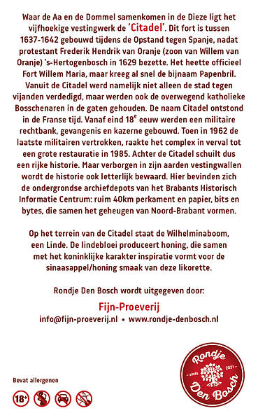 Rondje Den Bosch De Citadel Honing Sinaasappel likorette etiket achterzijde