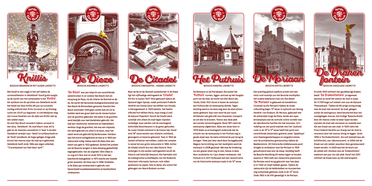 Rondje Den Bosch, 's-Hertogenbosch likorette, likeur, De Dieze, De Citadel, De Bossche Draak, De Moriaan, Knillis, Het Puthuis binnenzijde folder
