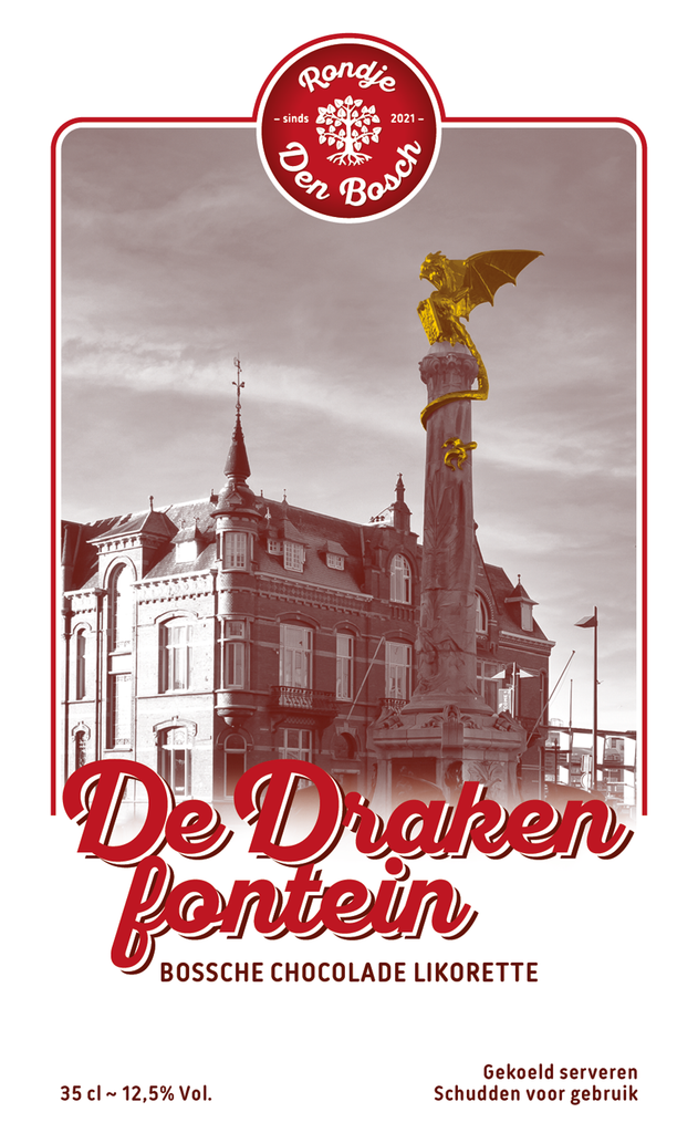 Rondje Den Bosch De Drakenfontein chocolade likorette etiket voorzijde