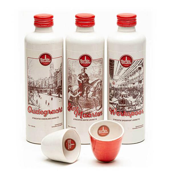 3 Flessen Likorette cadeaupakket + 2 keramieken likeur glaasjes 