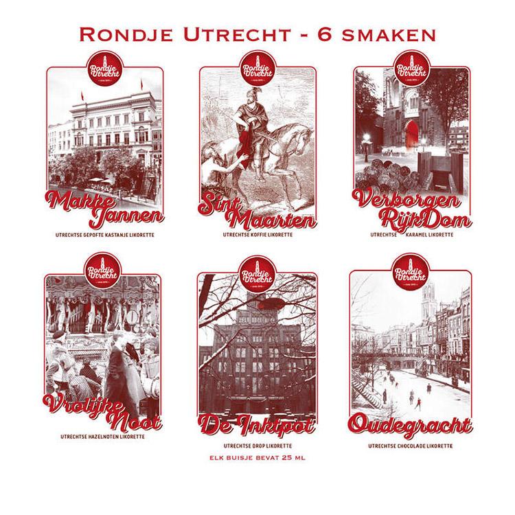 Utrechtse dranken Rondje Utrecht Likorettes Ontdek de smaak van Utrecht 6 smaken 4 Makke Jannen gepofte kastanje, Sint Maarten koffie, Verborgen RijkDom karamel, Vrolijke Noot hazelnoot, De Inktpot drop, Oudegracht chocolade