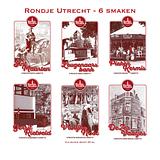 Rondje Utrecht 6 miniaturen set likorettes 8 Ontdek de smaak van Utrecht Sint Maarten koffie, Leugenaarsbank mokka, Piekenkermis nougat, Gerrit Rietveld'
 beukennoot, Vrolijke Noot hazelnoot & De Zes Vaatjes crème Brulée