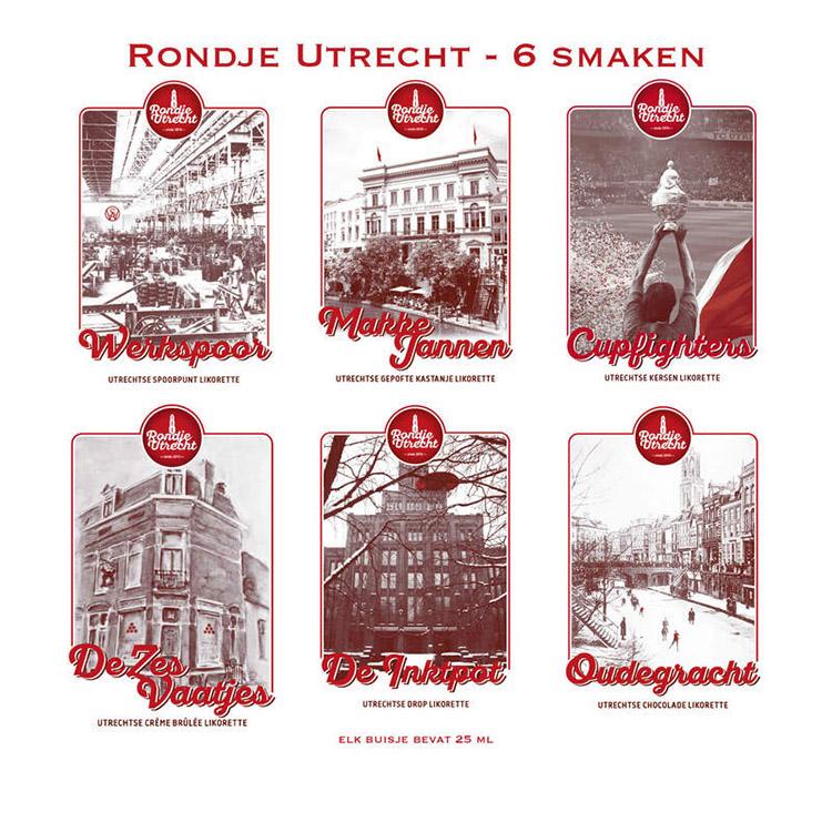 Utrechtse dranken Rondje Utrecht Likorettes Ontdek de smaak van Utrecht 6 smaken Werkspoor spoorpunt, Makke Jannen kastanje, Cupfighters kersen, De Zes Vaatjes crème Brulée, De Inktpot drop, Oudegracht chocolade