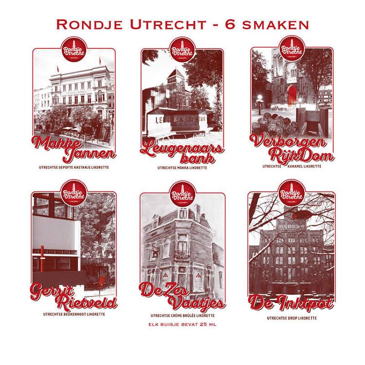 Rondje Utrecht 6 miniaturen set likorettes 6 Ontdek de smaak van Utrecht Makke Jannen kastanje, Leugenaarsbank mokka, Verborgen RijkDom Karamel, Gerrit Rietveld beukennoot, De Zes Vaatjes crème Brulée, De Inktpot drop