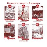 Rondje Utrecht 6 miniaturen set likorettes 2 Ontdek de smaak van Utrecht Werkspoor spoorpunt, Sint Maarten koffie, Piekenkermis nougat, Gerrit Rietveld beukennoot, De Zes Vaatjes crème Brulée, Oudegracht chocolade