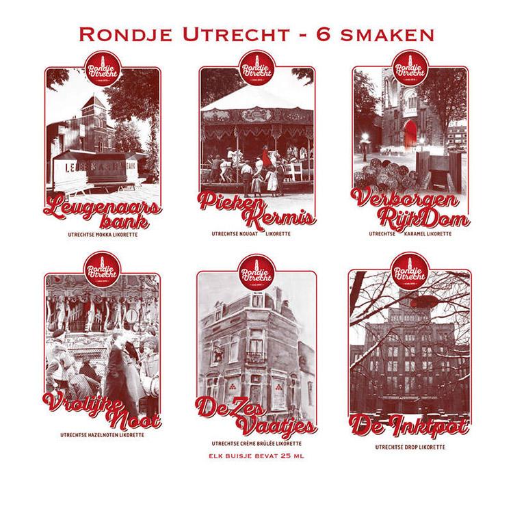 Rondje Utrecht 6 miniaturen set likorettes 5 Ontdek de Smaak van Utrecht Leugenaarsbank mokka, Piekenkermis nougat, Verborgen RijkDom karamel, Vrolijke Noot hazelnoot, De Zes Vaatjes crème Brulée, De Inktpot drop