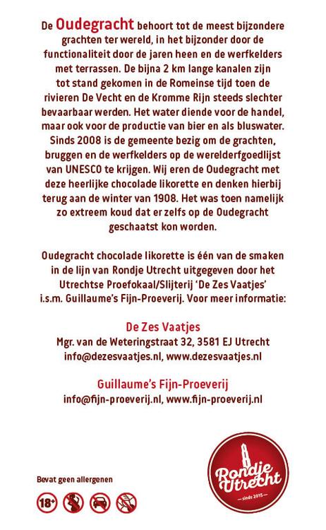 Rondje Utrecht Makke Jannen Gepofte Tamme Kastanje Likorette Miniatuur Rondje Utrecht likorette likeur Werkspoor Spoorpunt, Makke Jannen Kastanje, Sint Maarten Koffie, Leugenaarsbank Mokka, Gerrit Rietveld Beukennoot, Cupfighters Kersen, De Inktpot Drop, Oudegracht Chocolade, Piekenkermis Nougat, Verborgen RijkDOM Karamel, Vrolijke noot Hazelnoot, De Zes Vaatjes Crème Brulée Fijn-Proeverij Rondje Nederland
